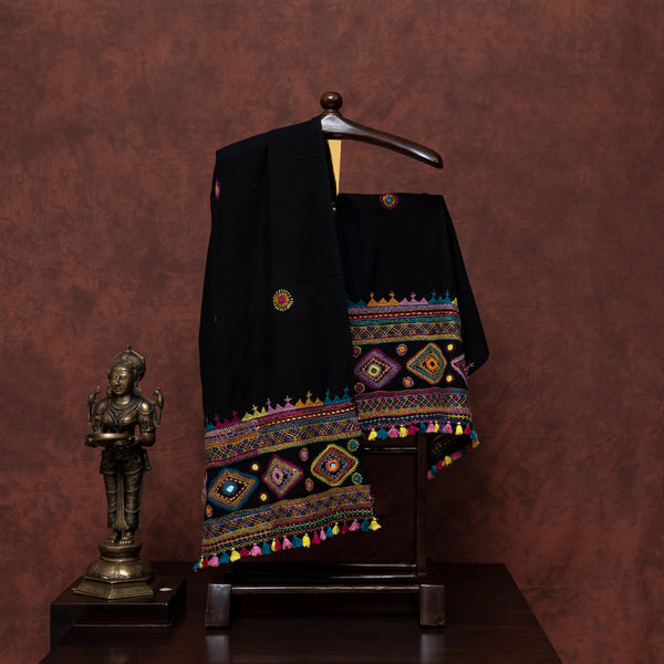 Handloom Cotton Black Lambani Stole With Multicolour Hand Embroidery