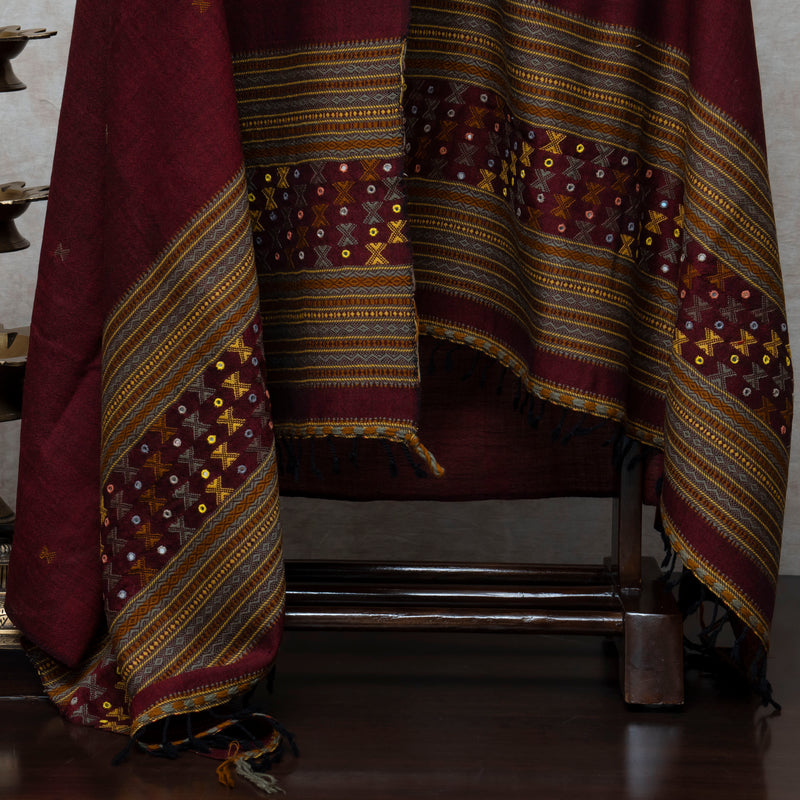 Maroon Handwoven Woollen Shawl With Mirror Handwork