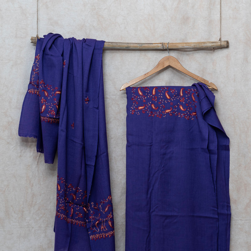 Purple Kashmiri Sozni Hand Embroidered Woollen Kurta & Bottom Fabric With Sozni Embroidery Wollen Stole