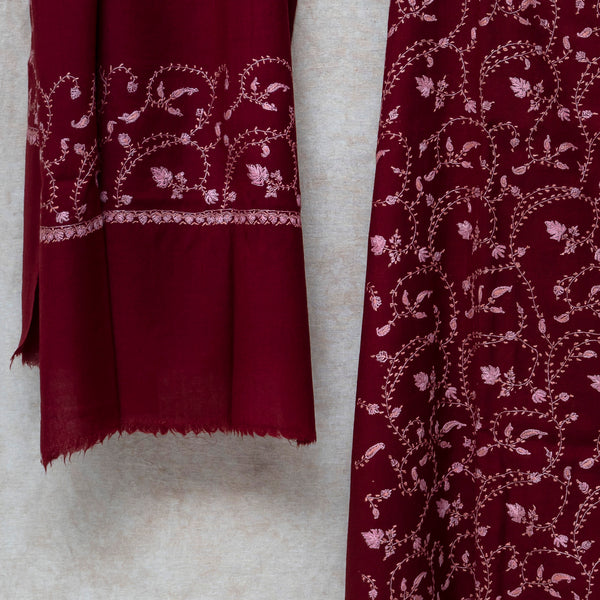 Maroon Kashmiri Sozni Hand Embroidered Woollen Kurta & Bottom Fabric With Sozni Embroidery Wollen Stole