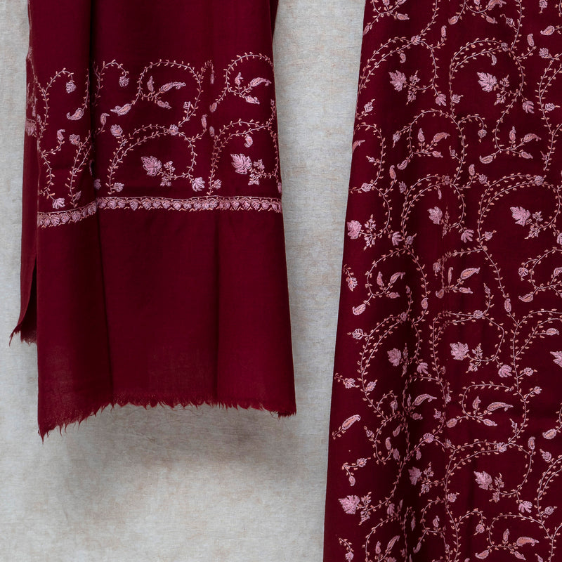 Maroon Kashmiri Sozni Hand Embroidered Woollen Kurta & Bottom Fabric With Sozni Embroidery Wollen Stole