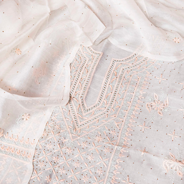 Organza Silk Chikankari Kurta Fabric With Mukaish & Organza Silk Chikankari Dupatta