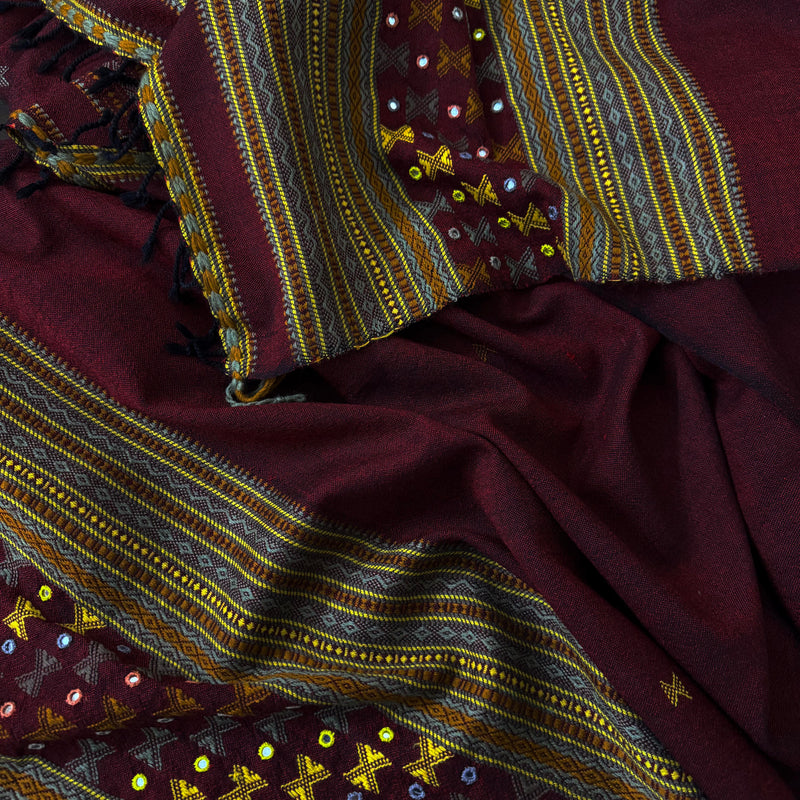 Maroon Handwoven Woollen Shawl With Mirror Handwork