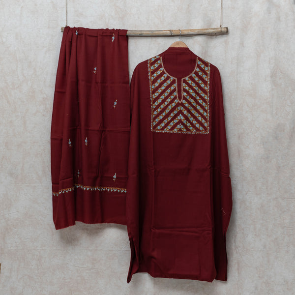 Maroon Kashmiri Hand Embroidered Woollen Kurta & Bottom Fabric With Kashmiri Embroidery Wollen Stole