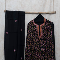 Black Kashmiri Sozni Hand Embroidered Woollen Kurta & Bottom Fabric With Sozni Embroidery Wollen Stole