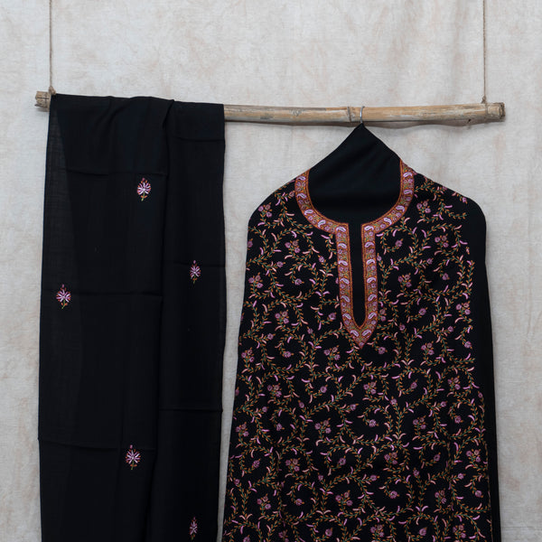 Black Kashmiri Sozni Hand Embroidered Woollen Kurta & Bottom Fabric With Sozni Embroidery Wollen Stole
