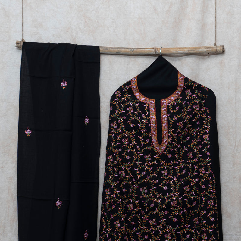 Black Kashmiri Sozni Hand Embroidered Woollen Kurta & Bottom Fabric With Sozni Embroidery Wollen Stole