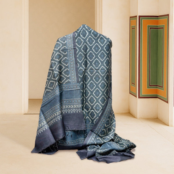 Ajrakh Handloom Tussar Silk Kurta & Dupatta Set in Teal Grey