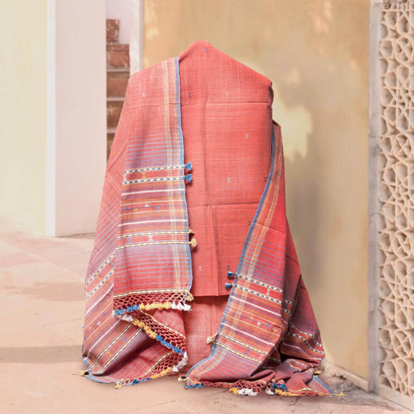 Elegant Handwoven Coral Kurta, Bottom & Multicolour Border Detailing