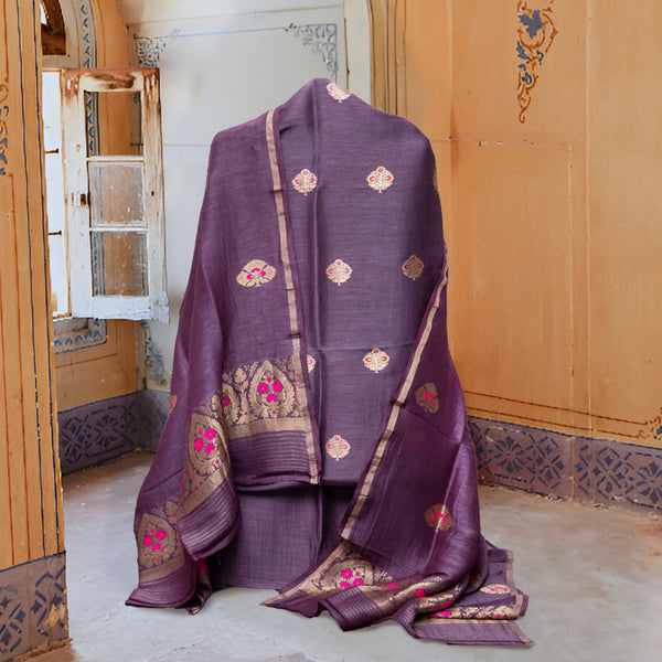 Royal Plum Handloom Linen Silk Suit Set with Kadwa Weave and Pink Highlights
