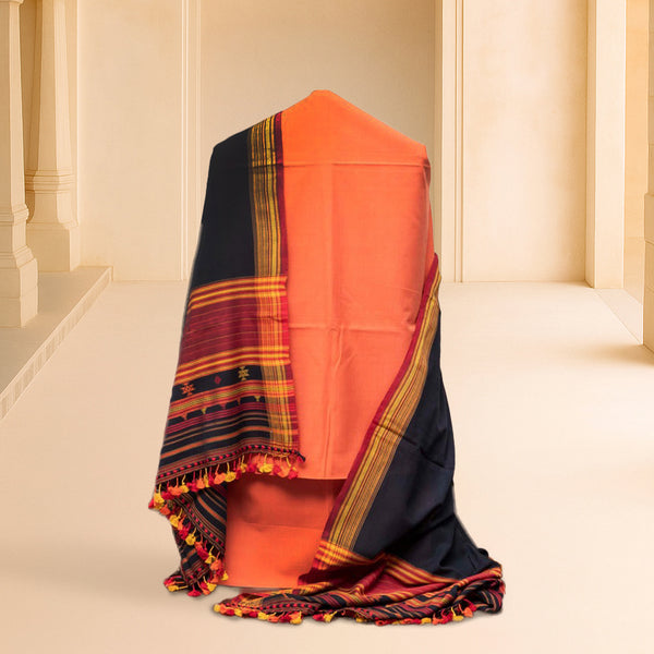 Elegant Handloom Cotton Kutchi Weave Suit Set – Rust Orange & Black Harmony