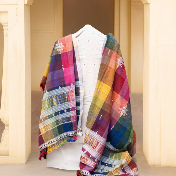 Rainbow Charm Handloom Kala Cotton Suit Set with Mirror Work