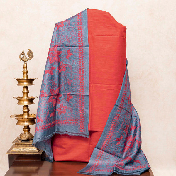 Handloom Khadi Silk Kurta, Bottom Fabric & Tussar Silk Dupatta With Kantha Hand Embroidery