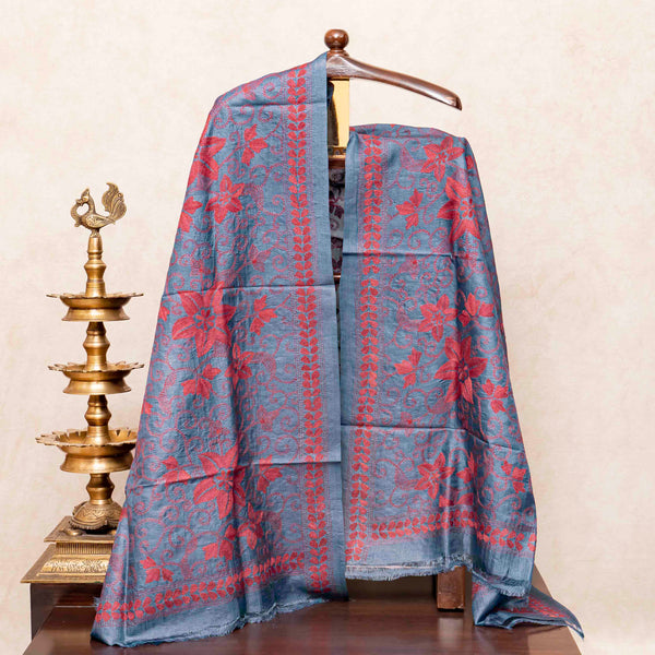 Handloom Khadi Silk Kurta, Bottom Fabric & Tussar Silk Dupatta With Kantha Hand Embroidery