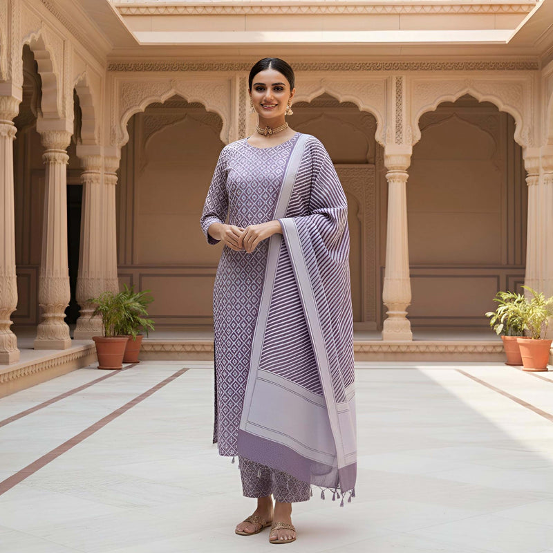Handloom Muslin Cotton Lavender Jamdani Suit Fabric With Dupatta