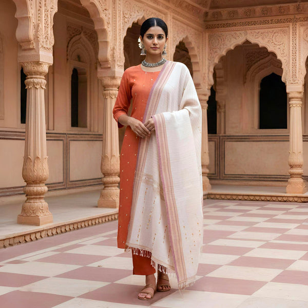 Handloom Kala Cotton Kurta Fabric With Mirror Work & Kala Cotton Dupatta