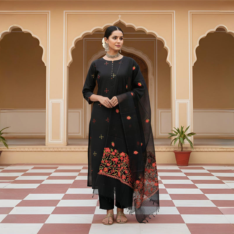 Handloom Kala Cotton Kurta Fabric With Mirror Work & Kota Doria Dupatta Kashmiri Hand Embroidery